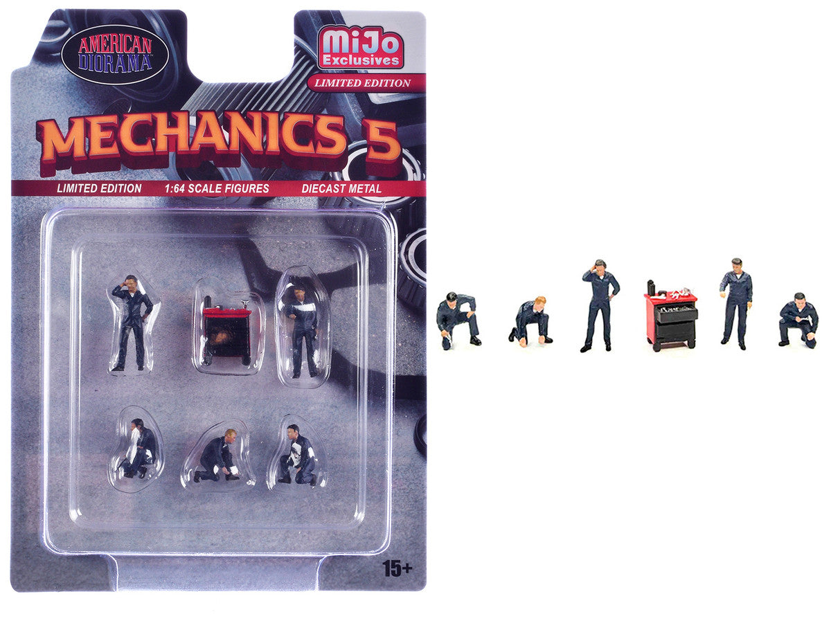 "Mechanics #5" 6 piece Diecast Figure Set (5 Figures 1 Tool Cabinet) Limited Edition for 1/64 Scale Models by American Diorama-2