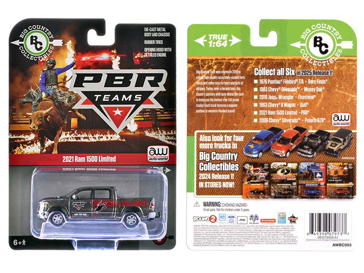 2021 Ram 1500 Limited Pickup Truck "PBR (Professional Bull Riders)" Gray Metallic with Graphics "Big Country Collectibles" 2025 Series 1/64 Diecast Model Car by Auto World-1