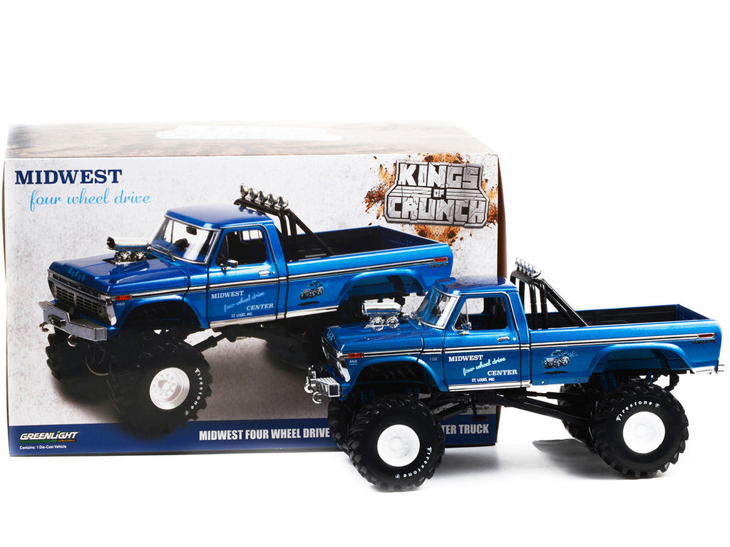 1974 Ford F-250 Ranger XLT Monster Truck with 48-Inch Tires Blue Metallic "Midwest Four Wheel Drive Center" "Kings of Crunch" Series 1/18 Diecast Model Car by Greenlight-2