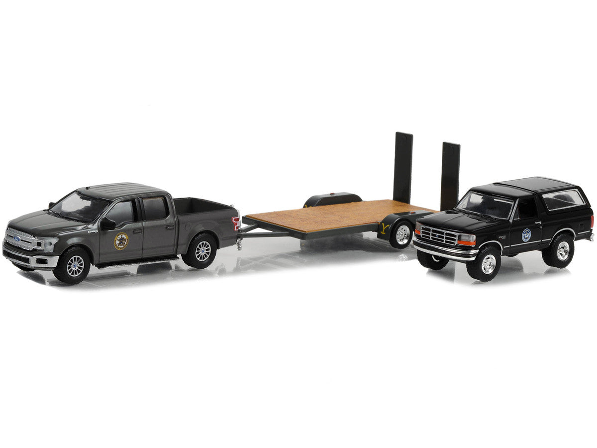 2018 Ford F-150 Pickup Truck Gray with 1992 Ford Bronco "Montana Livestock Association" Black and Flatbed Car Trailer "Yellowstone" (2018-Current) TV Series "Hollywood Hitch & Tow" Series 11 1/64 Diecast Model Cars by Greenlight-0
