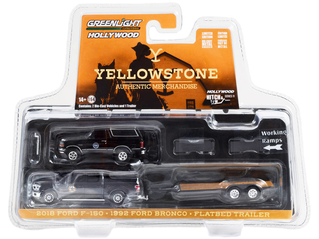 2018 Ford F-150 Pickup Truck Gray with 1992 Ford Bronco "Montana Livestock Association" Black and Flatbed Car Trailer "Yellowstone" (2018-Current) TV Series "Hollywood Hitch & Tow" Series 11 1/64 Diecast Model Cars by Greenlight-1