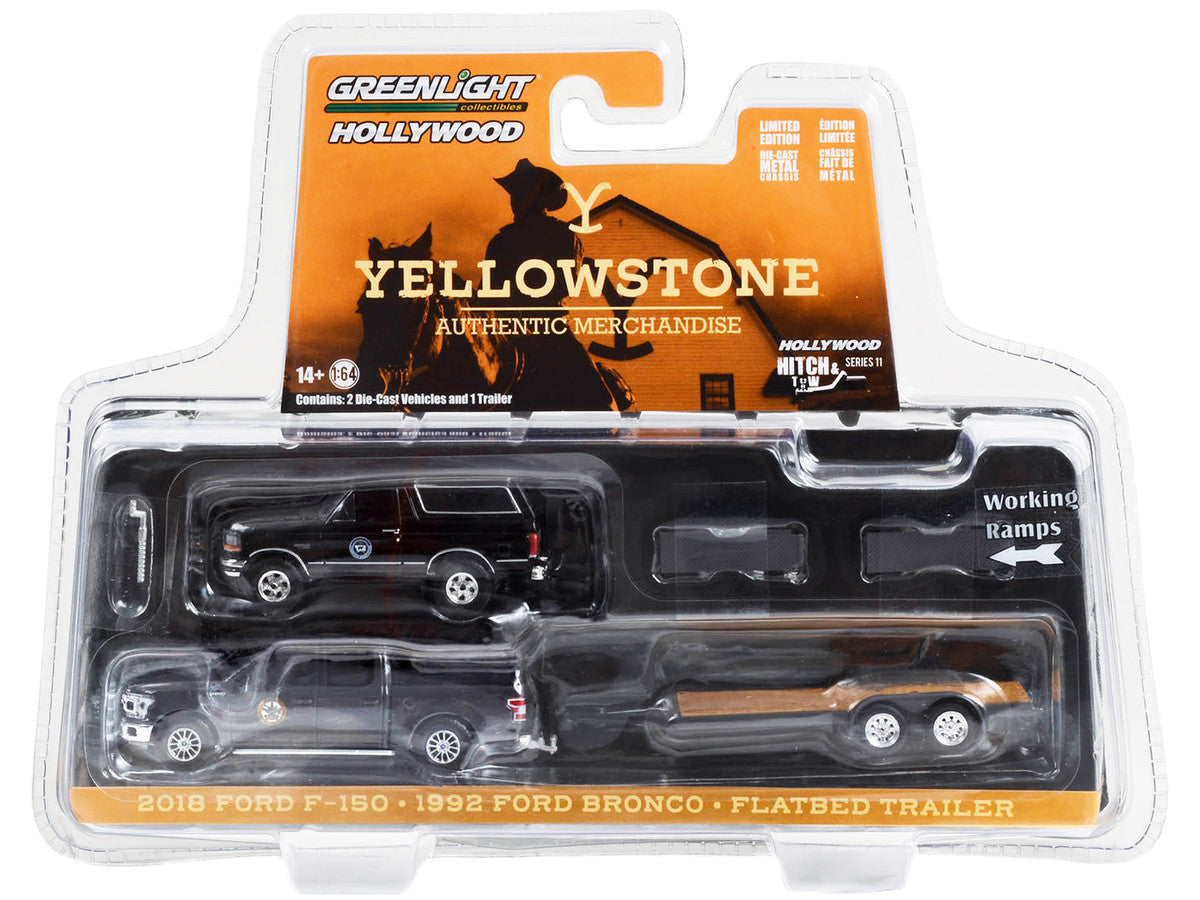 2018 Ford F-150 Pickup Truck Gray with 1992 Ford Bronco "Montana Livestock Association" Black and Flatbed Car Trailer "Yellowstone" (2018-Current) TV Series "Hollywood Hitch & Tow" Series 11 1/64 Diecast Model Cars by Greenlight-1
