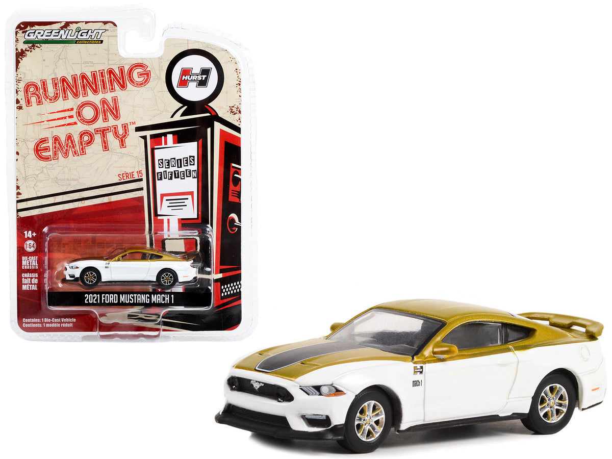 2021 Ford Mustang Mach 1 White and Gold with Black Stripe "Hurst Performance" "Running on Empty" Series 15 1/64 Diecast Model Car by Greenlight-0