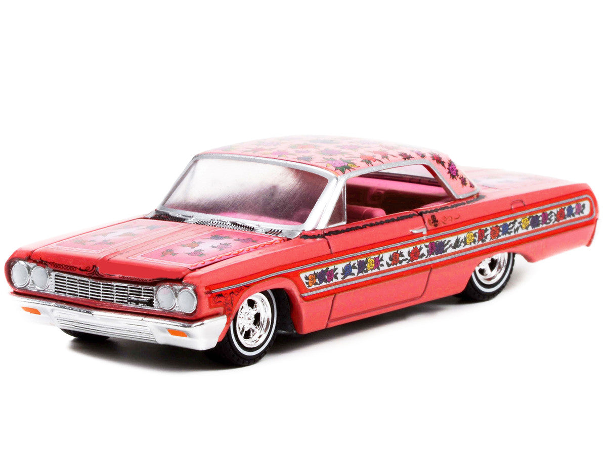 1964 Chevrolet Impala Lowrider Pink Metallic with Rose Graphics and Pink Interior "California Lowriders" Release 1 1/64 Diecast Model Car by Greenlight-1