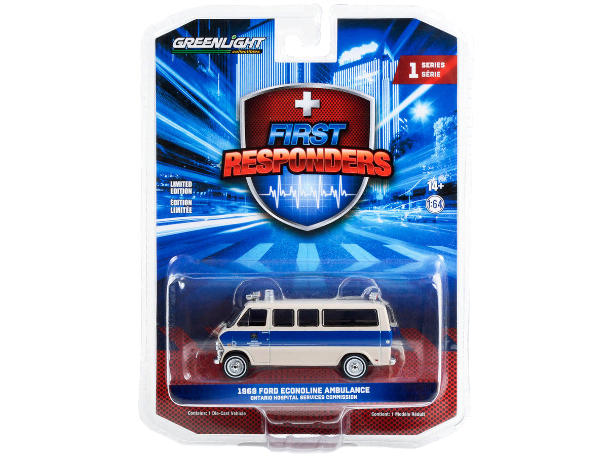 1969 Ford Econoline Ambulance Beige with Blue Stripes "Ontario Hospital Services Commission Ontario Canada" "First Responders" Series 1 1/64 Diecast Model Car by Greenlight-1