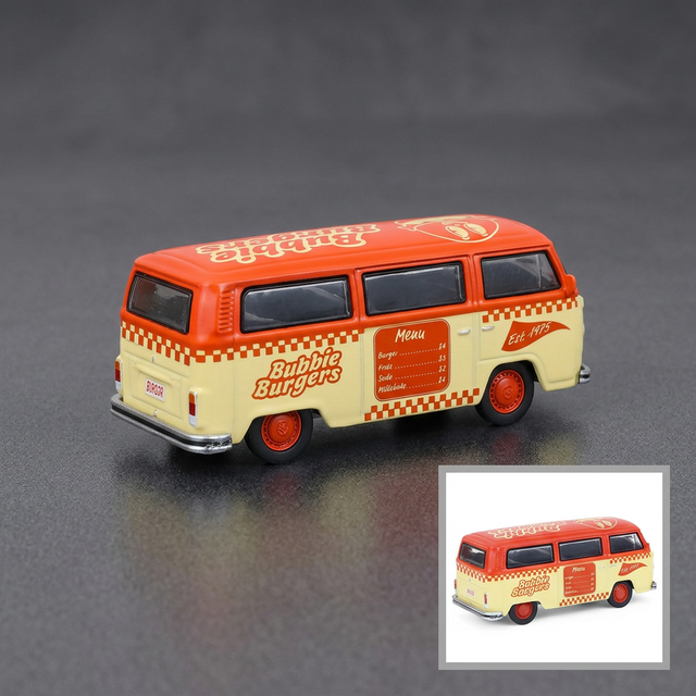 Greenlight 1:64 1975 Volkswagen Type 2 Van "Bubbie Burgers Food Truck" Orange and Cream Diecast Model — product image 1