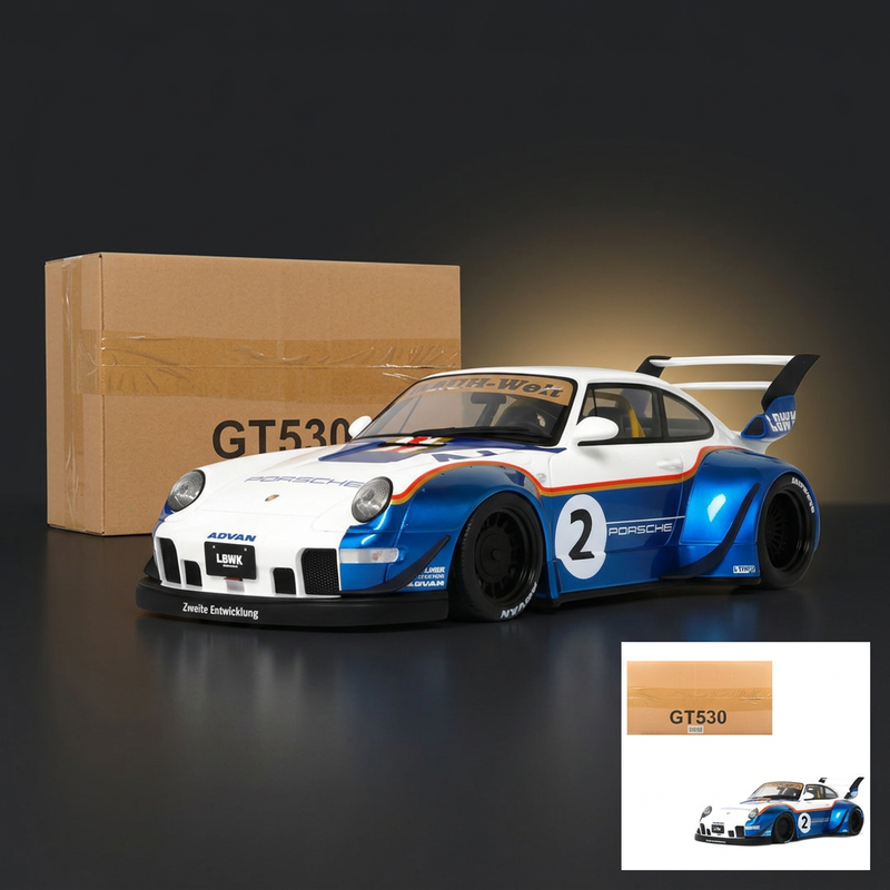 GT Spirit 1:18 2023 RWB x Liberty Walk 993 #2 White and Blue Metallic with Graphics