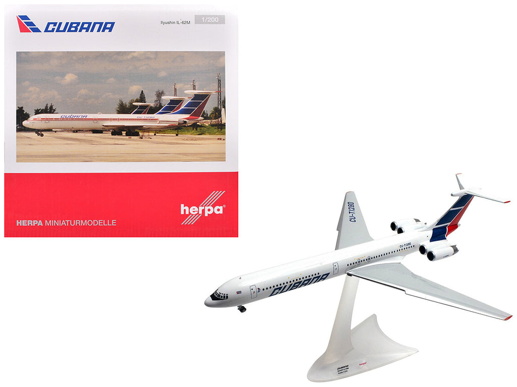 Ilyushin IL-62M Commercial Aircraft "Cubana de Aviacion" (T1280) White with Blue and Red Tail 1/200 Diecast Model Airplane by Herpa-0