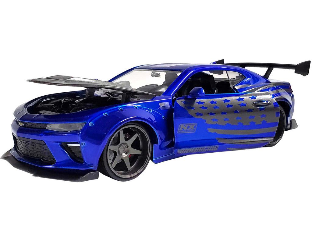 2016 Chevrolet Camaro Widebody Candy Blue with Gray Metallic Hood and American Flag Graphics "Bigtime Muscle" Series 1/24 Diecast Model Car by Jada-1