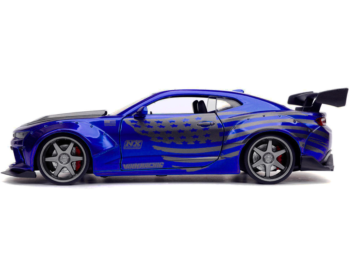 2016 Chevrolet Camaro Widebody Candy Blue with Gray Metallic Hood and American Flag Graphics "Bigtime Muscle" Series 1/24 Diecast Model Car by Jada-2
