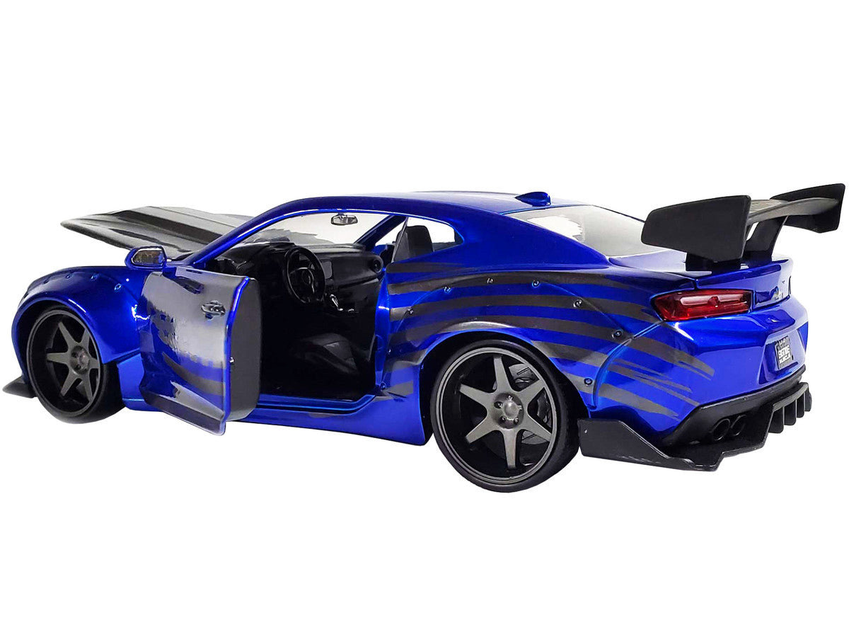 2016 Chevrolet Camaro Widebody Candy Blue with Gray Metallic Hood and American Flag Graphics "Bigtime Muscle" Series 1/24 Diecast Model Car by Jada-3