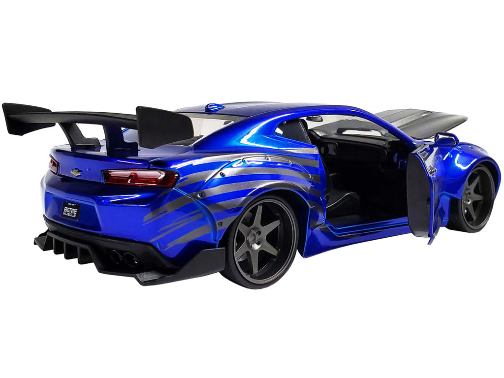 2016 Chevrolet Camaro Widebody Candy Blue with Gray Metallic Hood and American Flag Graphics "Bigtime Muscle" Series 1/24 Diecast Model Car by Jada-4