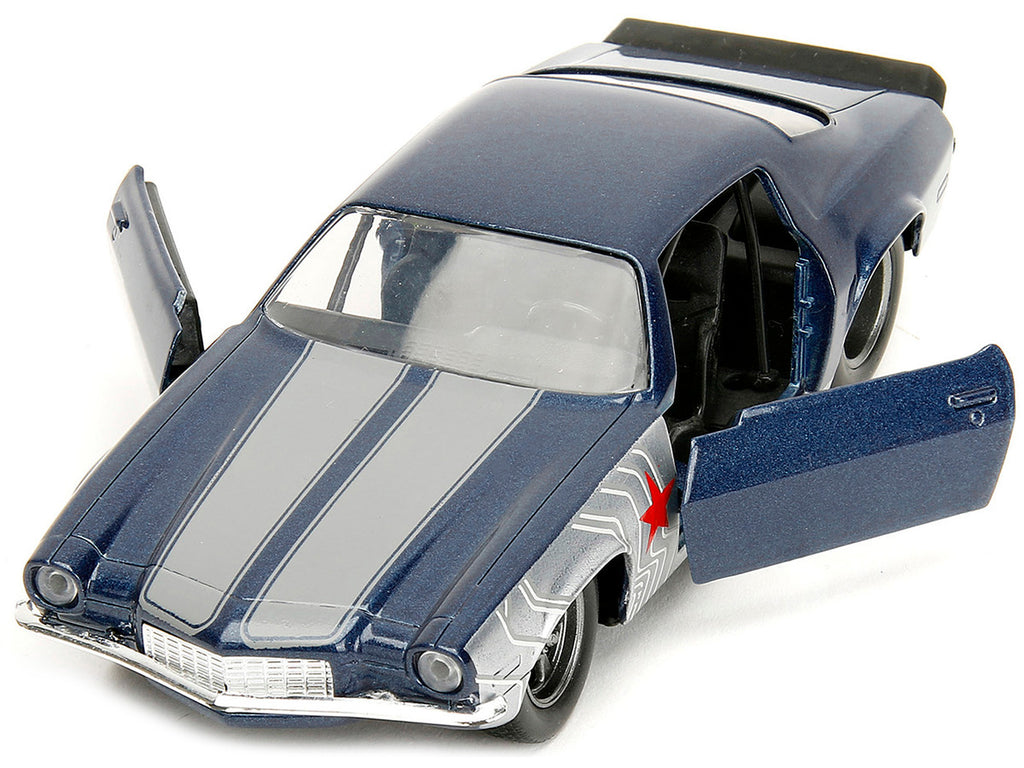 1973 Chevrolet Camaro Dark Blue Metallic with Gray Stripes and Winter Soldier Diecast Figure "Marvel Avengers" "Hollywood Rides" Series 1/32 Diecast Model Car by Jada-1