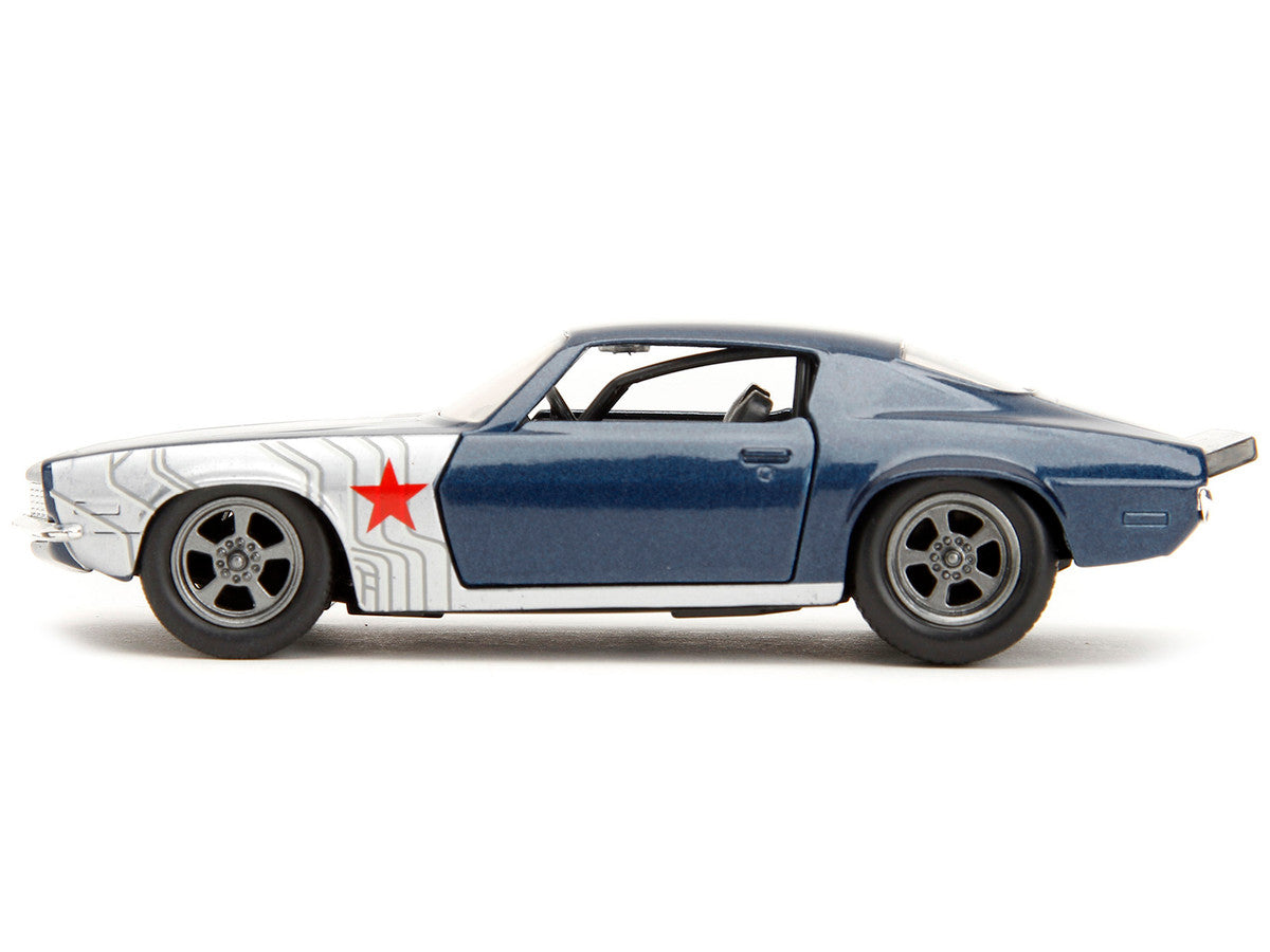 1973 Chevrolet Camaro Dark Blue Metallic with Gray Stripes and Winter Soldier Diecast Figure "Marvel Avengers" "Hollywood Rides" Series 1/32 Diecast Model Car by Jada-2