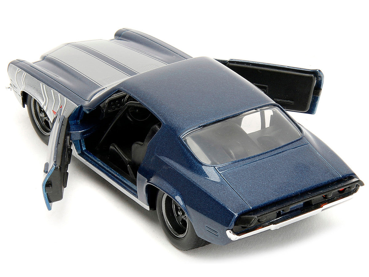 1973 Chevrolet Camaro Dark Blue Metallic with Gray Stripes and Winter Soldier Diecast Figure "Marvel Avengers" "Hollywood Rides" Series 1/32 Diecast Model Car by Jada-3