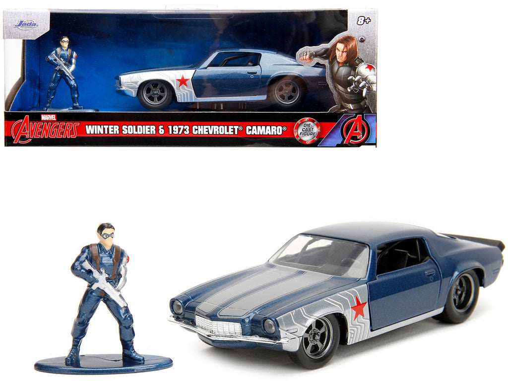 1973 Chevrolet Camaro Dark Blue Metallic with Gray Stripes and Winter Soldier Diecast Figure "Marvel Avengers" "Hollywood Rides" Series 1/32 Diecast Model Car by Jada-0