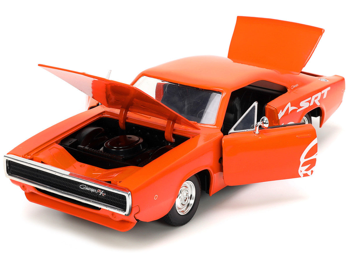 1968 Dodge Charger R/T SRT Orange with White Stripes and Graphics "Bigtime Muscle" Series 1/24 Diecast Model Car by Jada-1
