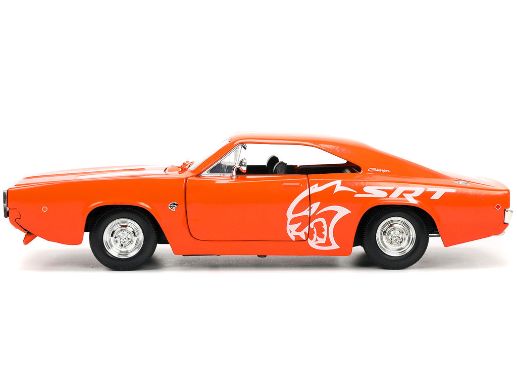 1968 Dodge Charger R/T SRT Orange with White Stripes and Graphics "Bigtime Muscle" Series 1/24 Diecast Model Car by Jada-2