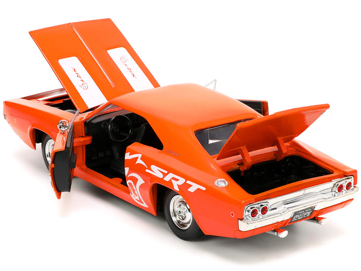 1968 Dodge Charger R/T SRT Orange with White Stripes and Graphics "Bigtime Muscle" Series 1/24 Diecast Model Car by Jada-3