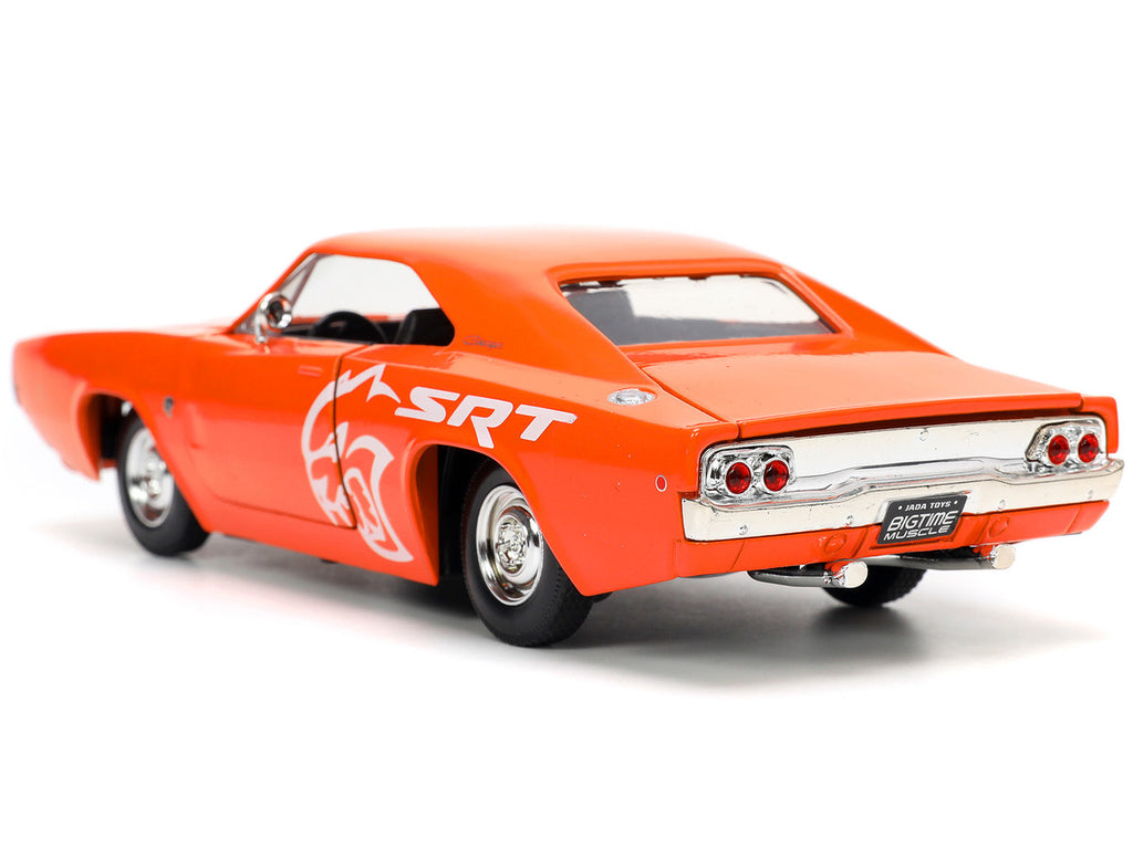 1968 Dodge Charger R/T SRT Orange with White Stripes and Graphics "Bigtime Muscle" Series 1/24 Diecast Model Car by Jada-4