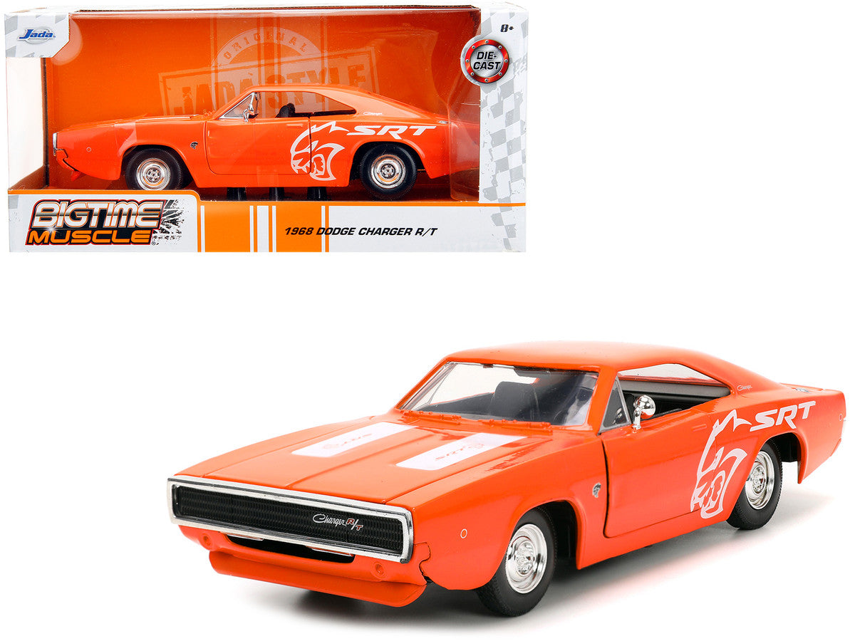 1968 Dodge Charger R/T SRT Orange with White Stripes and Graphics "Bigtime Muscle" Series 1/24 Diecast Model Car by Jada-0