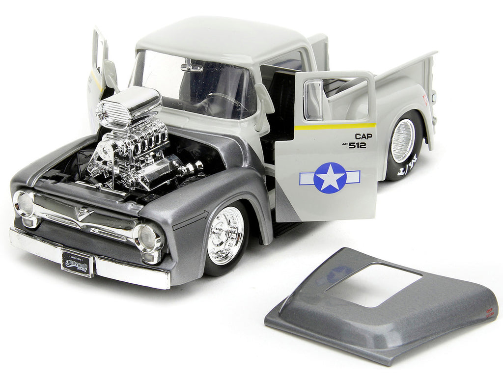 1956 Ford F-100 Pickup Truck Tan and Gray Metallic and Guile Diecast Figure "Street Fighter" Video Game "Anime Hollywood Rides" Series 1/24 Diecast Model Car by Jada-1