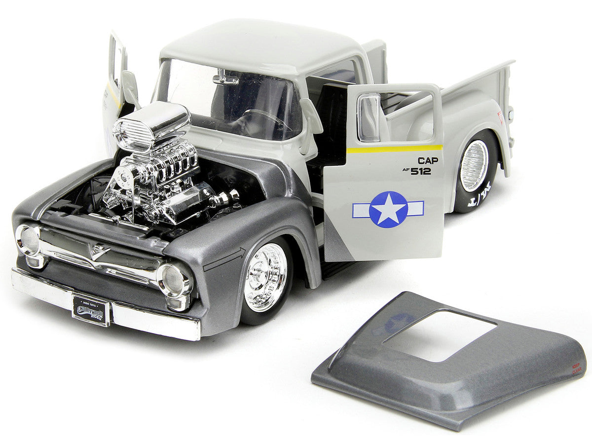 1956 Ford F-100 Pickup Truck Tan and Gray Metallic and Guile Diecast Figure "Street Fighter" Video Game "Anime Hollywood Rides" Series 1/24 Diecast Model Car by Jada-1