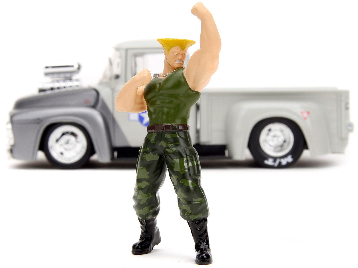 1956 Ford F-100 Pickup Truck Tan and Gray Metallic and Guile Diecast Figure "Street Fighter" Video Game "Anime Hollywood Rides" Series 1/24 Diecast Model Car by Jada-4