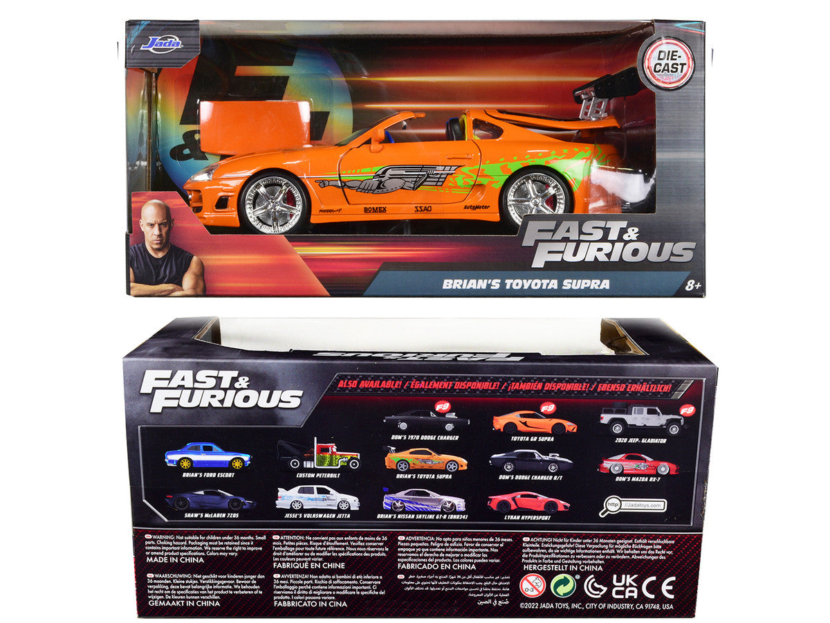 Brian's Toyota Supra Orange with Graphics "Fast & Furious" Movie 1/24 Diecast Model Car by Jada-2