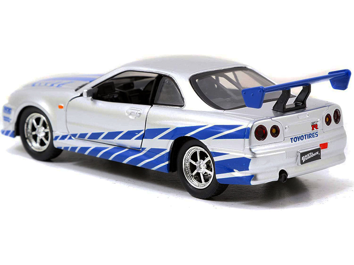 Brian's Nissan Skyline GT-R (R34) RHD (Right Hand Drive) Silver Metallic with Blue Stripes "2 Fast 2 Furious" (2003) Movie "Fast & Furious 25th Anniversary" Series 1/32 Diecast Car Model by Jada-3