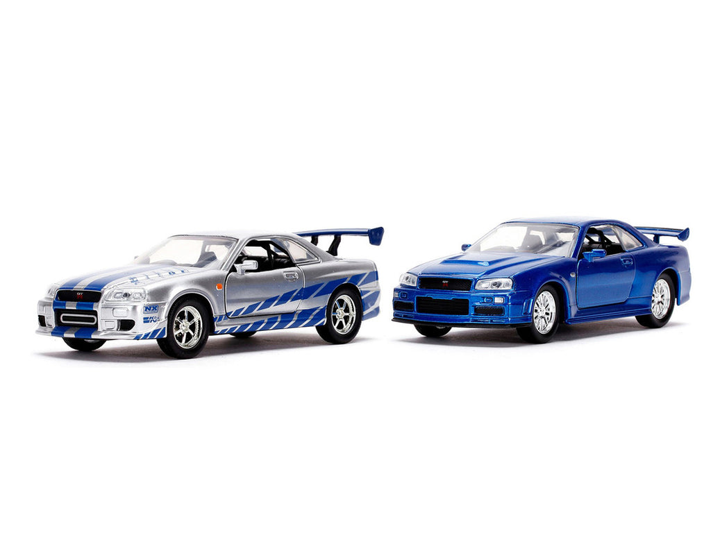 Brian's Nissan Skyline GT-R (BNR34) Silver with Blue Stripes and Nissan GT-R (BNR34) Blue Metallic Set of 2 pieces "25 Years of Fast & Furious" Series 1/32 Diecast Model Cars by Jada-1