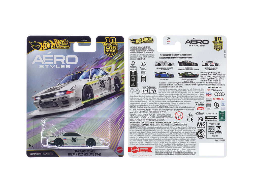 Nissan Skyline GT-R (R32) LB-Kaido Works RHD (Right Hand Drive) #58 White with Gray Stripes "Aero Styles" Series Diecast Model Car by Hot Wheels-1