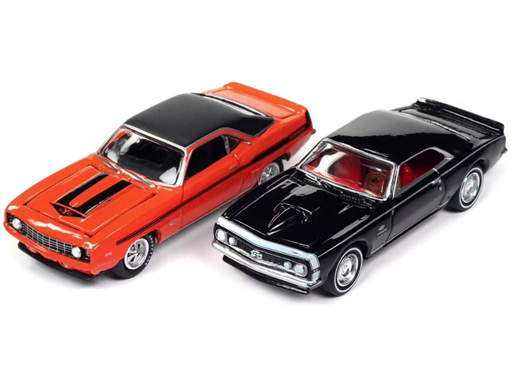 1969 Chevrolet Camaro Hugger Orange with Black Top and Stripes and 1967 Chevrolet Camaro Black with White Stripe and Red Interior "Yenko" Series Set of 2 Cars 1/64 Diecast Model Cars by Johnny Lightning-1