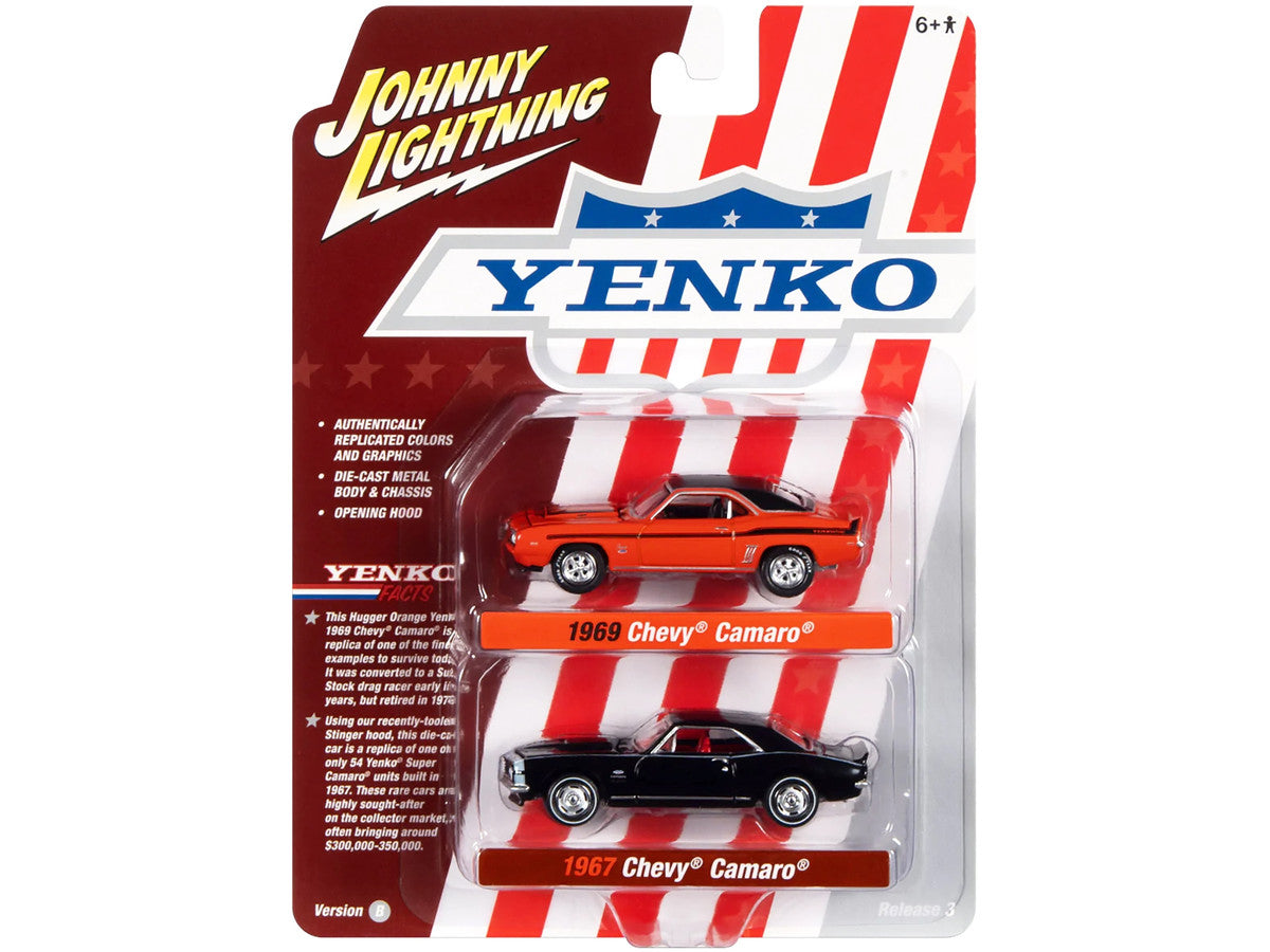 1969 Chevrolet Camaro Hugger Orange with Black Top and Stripes and 1967 Chevrolet Camaro Black with White Stripe and Red Interior "Yenko" Series Set of 2 Cars 1/64 Diecast Model Cars by Johnny Lightning-2