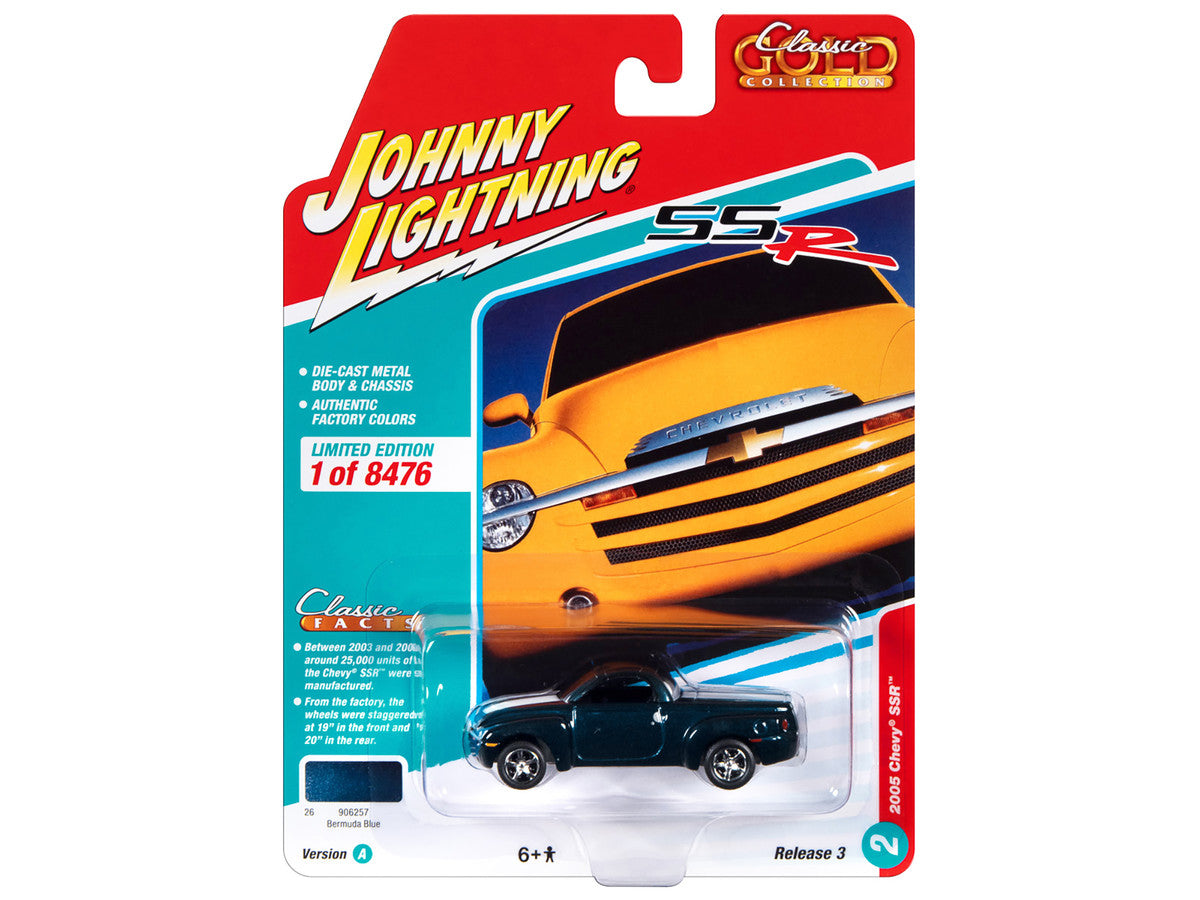 2005 Chevrolet SSR Pickup Truck Bermuda Blue Metallic with White Stripes "Classic Gold Collection" Series Limited Edition to 8476 pieces Worldwide 1/64 Diecast Model Car by Johnny Lightning-2