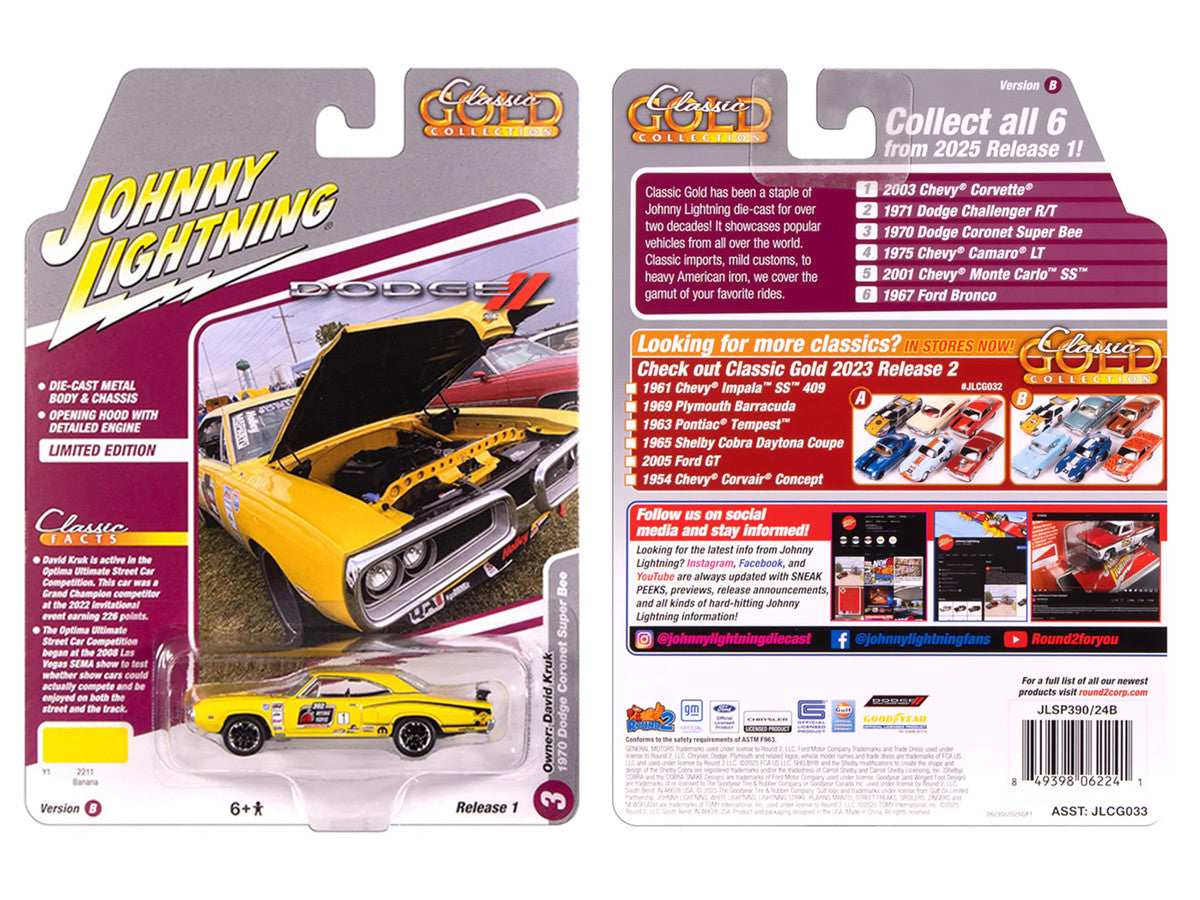 1970 Dodge Coronet Super Bee #1 "David Kruk" Banana Yellow with Black Stripes and Top "Classic Gold Collection" 1/64 Diecast Model Car by Johnny Lightning-1