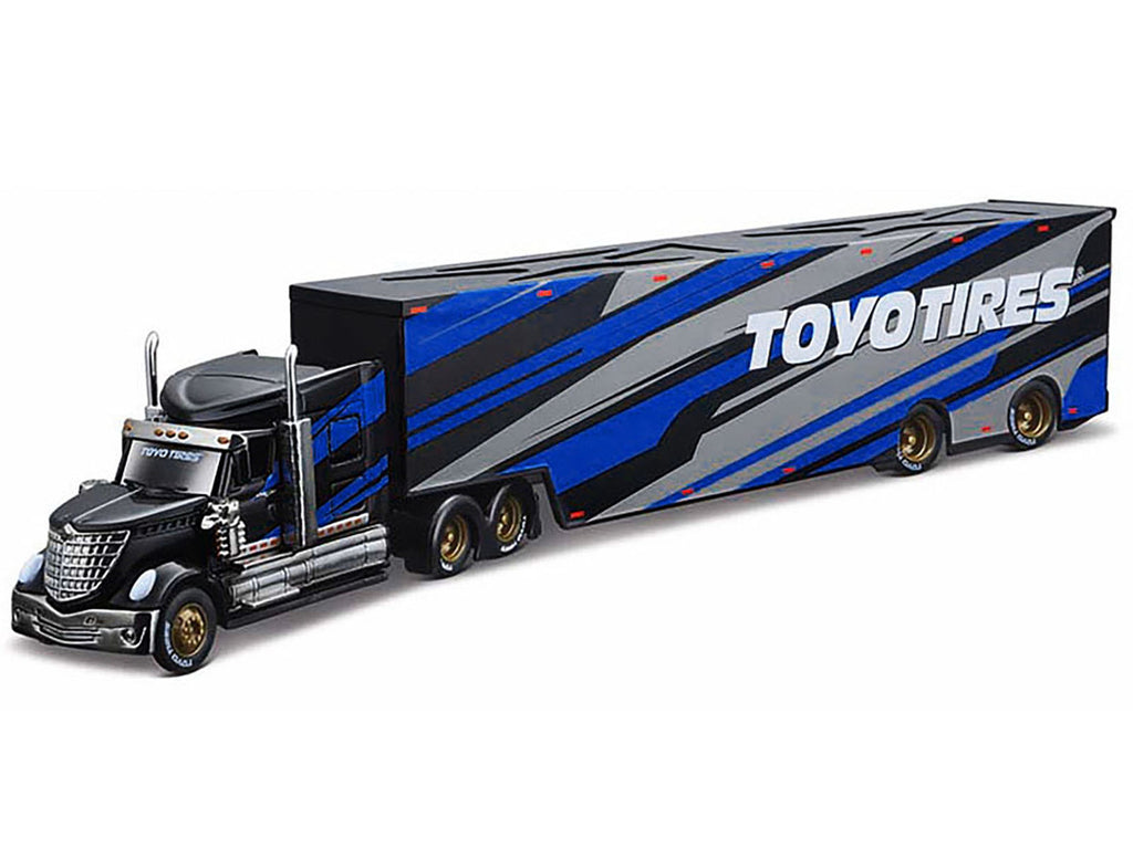 International LoneStar Enclosed Car Transporter "Toyo Tires" Black with Blue and Gray Stripes "Custom Haulers" Series 1/64 Diecast Model by Maisto-1