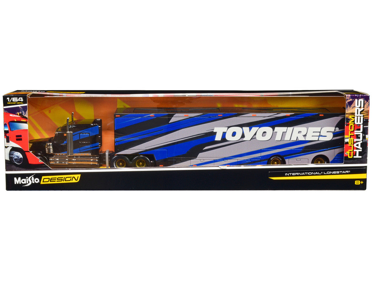 International LoneStar Enclosed Car Transporter "Toyo Tires" Black with Blue and Gray Stripes "Custom Haulers" Series 1/64 Diecast Model by Maisto-2