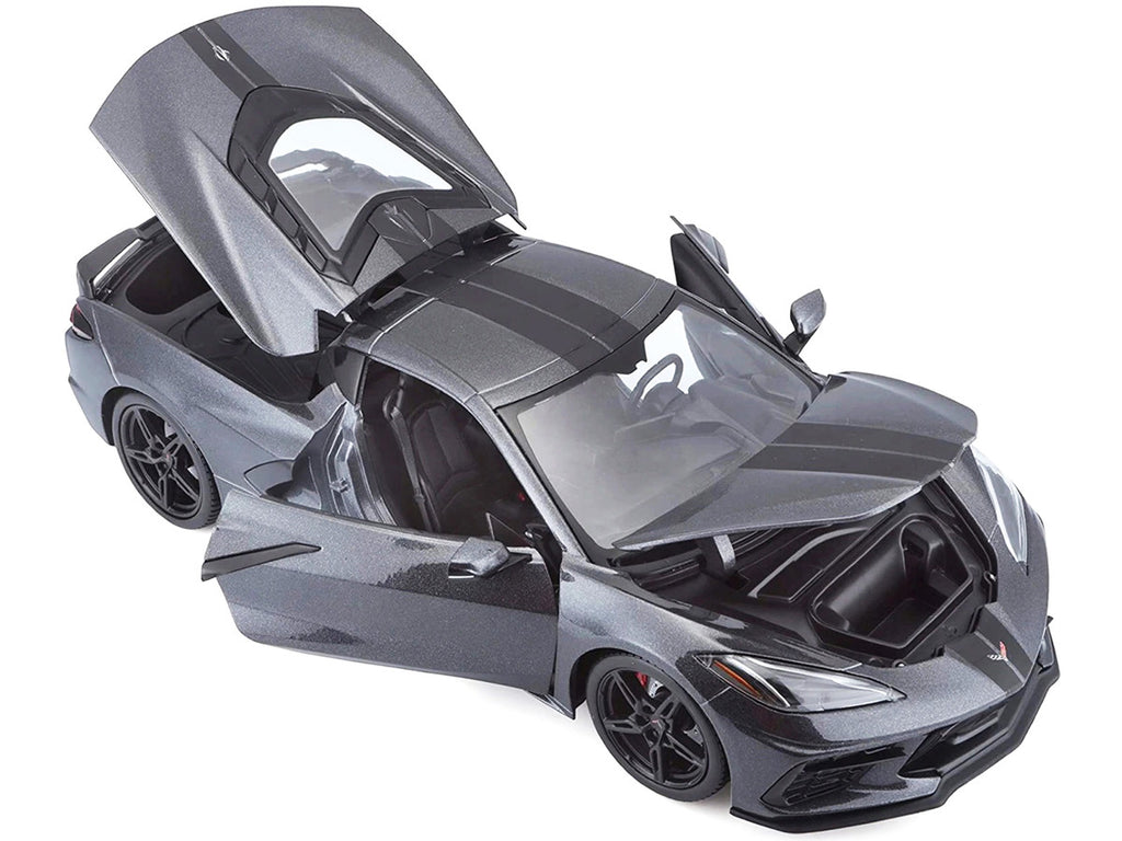 2020 Chevrolet Corvette Stingray C8 Dark Gray Metallic with Racing Stripes 1/18 Diecast Model Car by Maisto-1