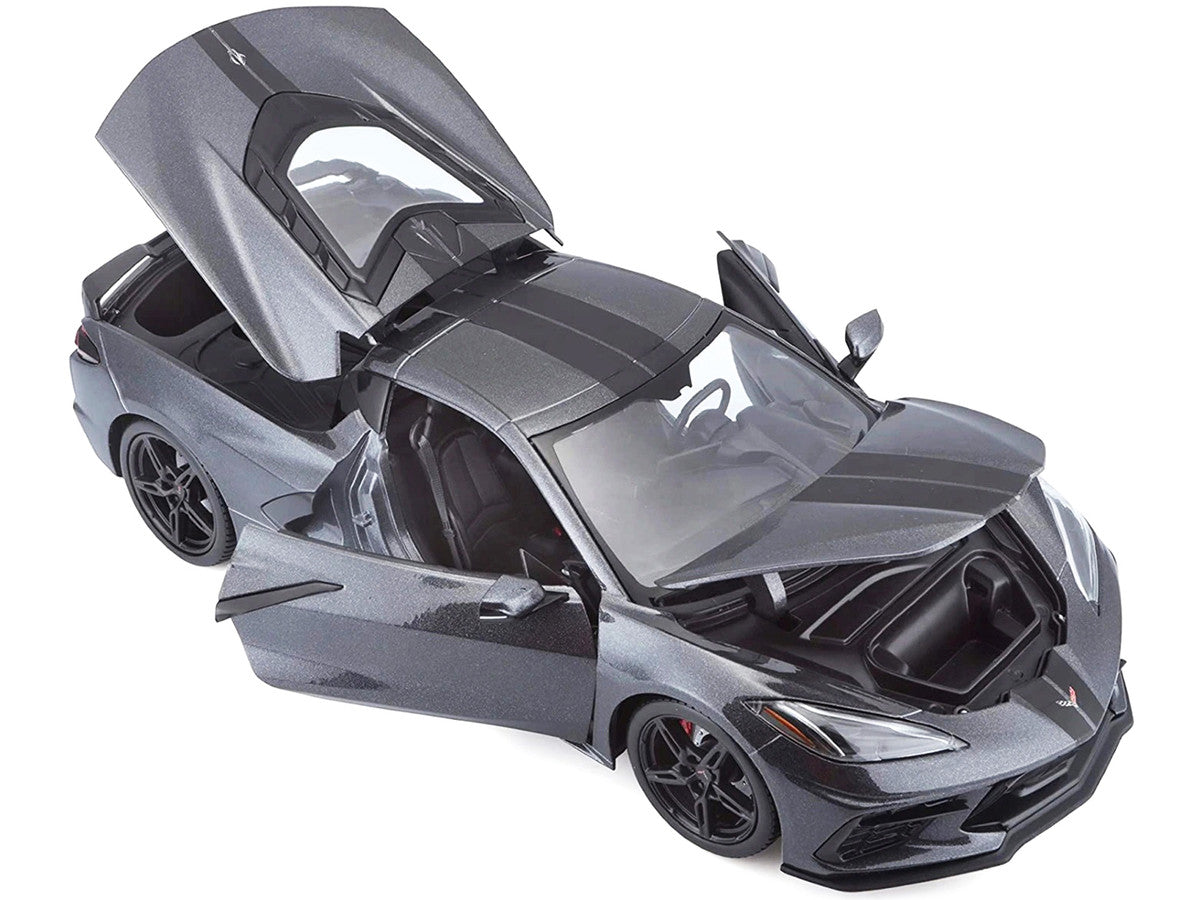 2020 Chevrolet Corvette Stingray C8 Dark Gray Metallic with Racing Stripes 1/18 Diecast Model Car by Maisto-1