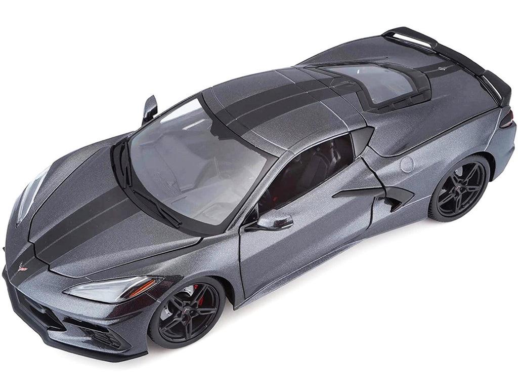 2020 Chevrolet Corvette Stingray C8 Dark Gray Metallic with Racing Stripes 1/18 Diecast Model Car by Maisto-2