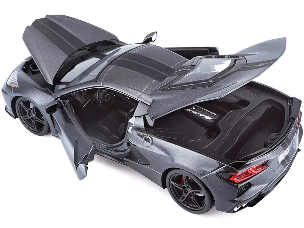 2020 Chevrolet Corvette Stingray C8 Dark Gray Metallic with Racing Stripes 1/18 Diecast Model Car by Maisto-3