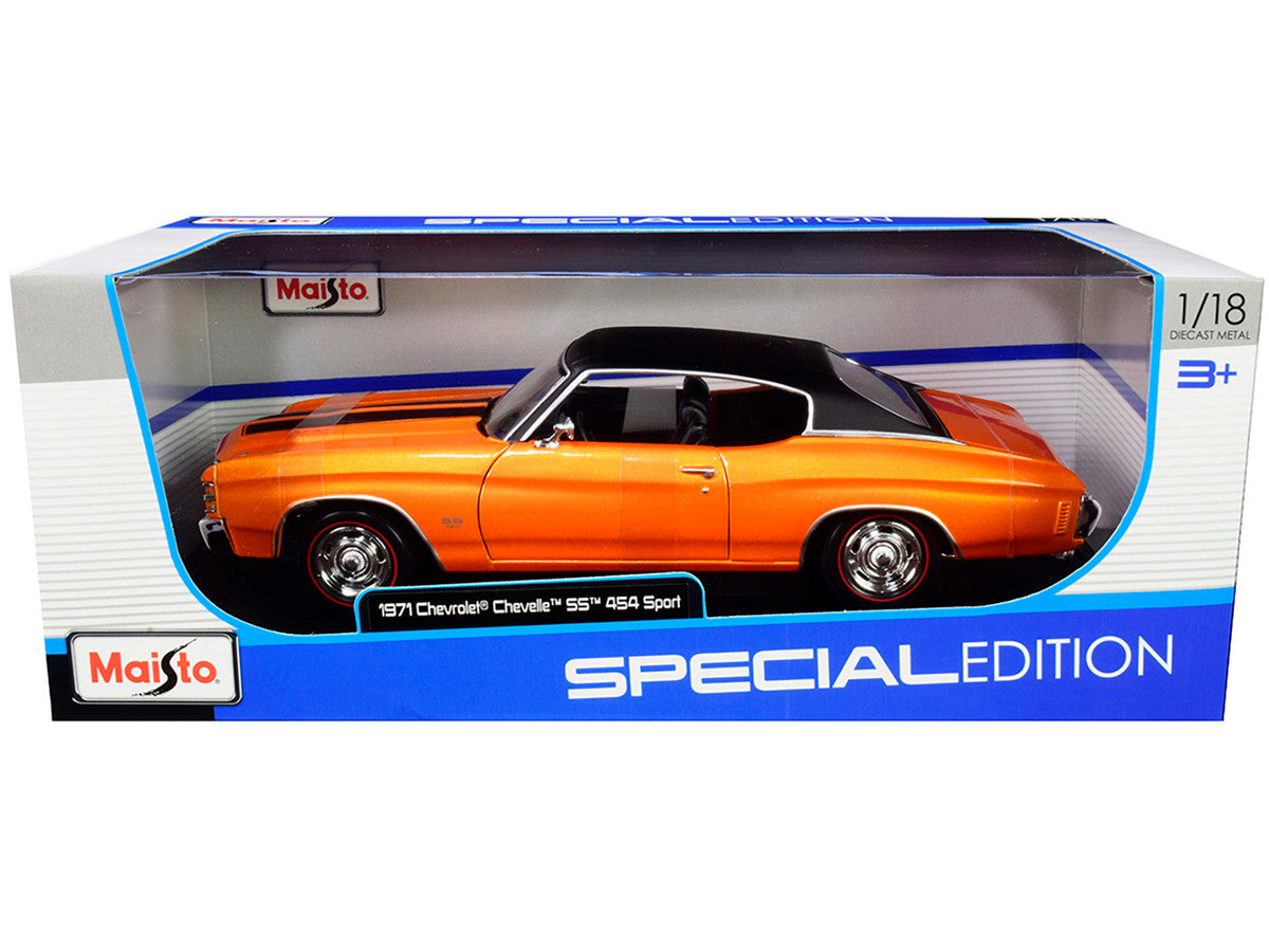 1971 Chevrolet Chevelle SS 454 Sport Orange Metallic with Black Top and Black Stripes 1/18 Diecast Model Car by Maisto-1