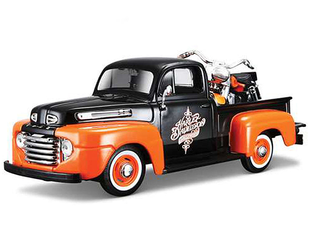 1948 Ford F-1 Pickup Truck with 1958 Harley Davidson FLH Duo Glide Motorcycle Orange and Black 1/24 Diecast Models by Maisto-1
