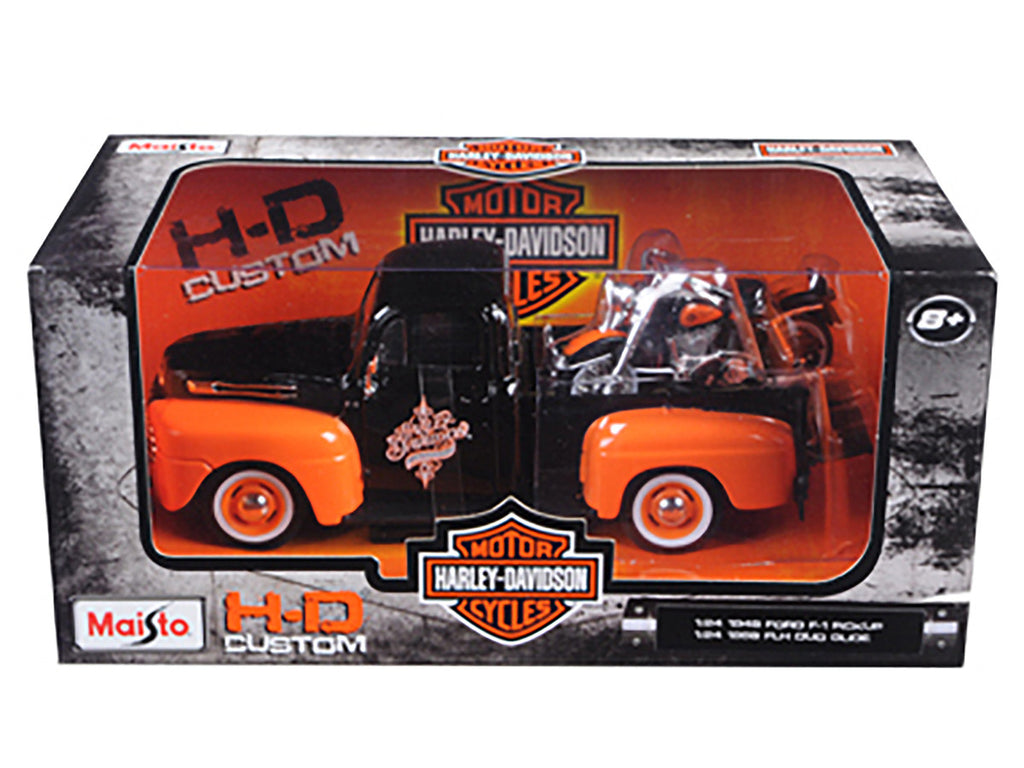 1948 Ford F-1 Pickup Truck with 1958 Harley Davidson FLH Duo Glide Motorcycle Orange and Black 1/24 Diecast Models by Maisto-2