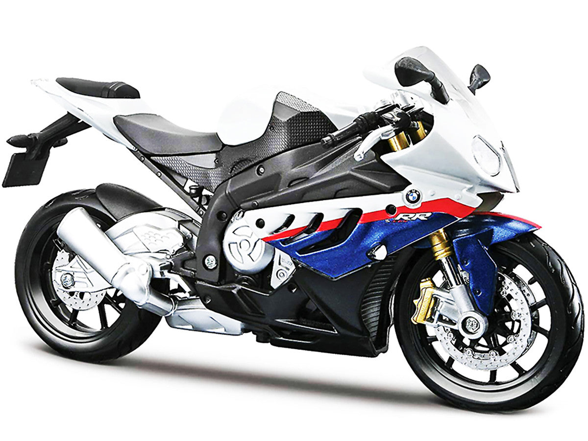 BMW S 1000 RR White with Blue and Red Stripes with Plastic Display Stand 1/12 Diecast Motorcycle Model by Maisto-1