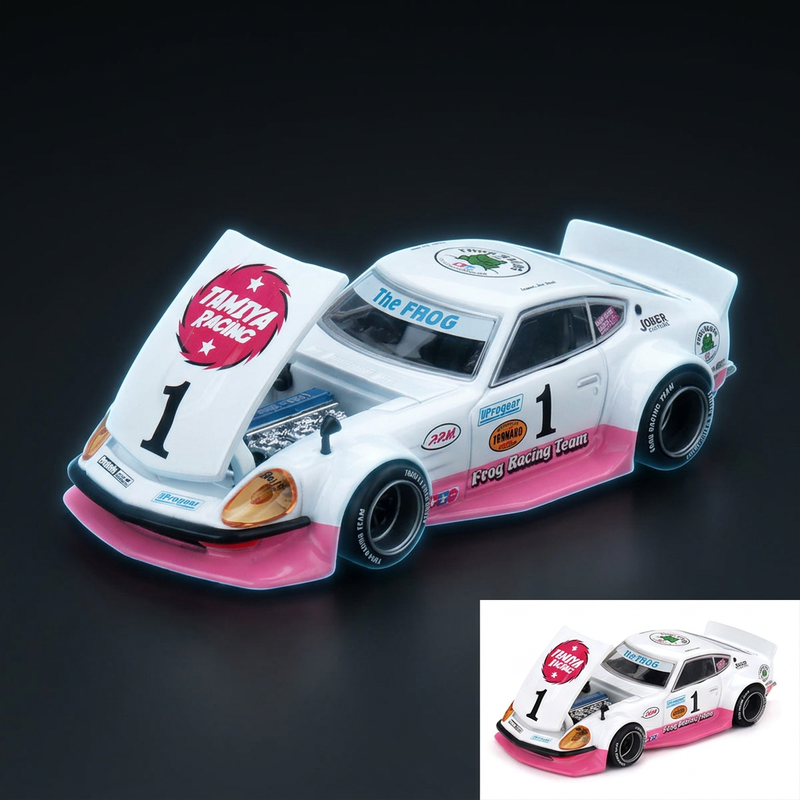 Mini GT 1:64 Nissan Fairlady Z RHD #1 "Tamiya Racing - Frog Racing Team" White and Pink