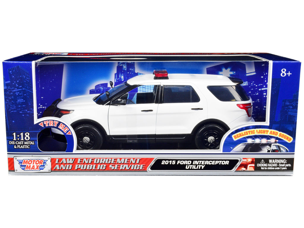 2015 Ford Police Interceptor Utility White with Flashing Light Bar and Front and Rear Lights and 2 Sounds 1/18 Diecast Model Car by Motormax-1