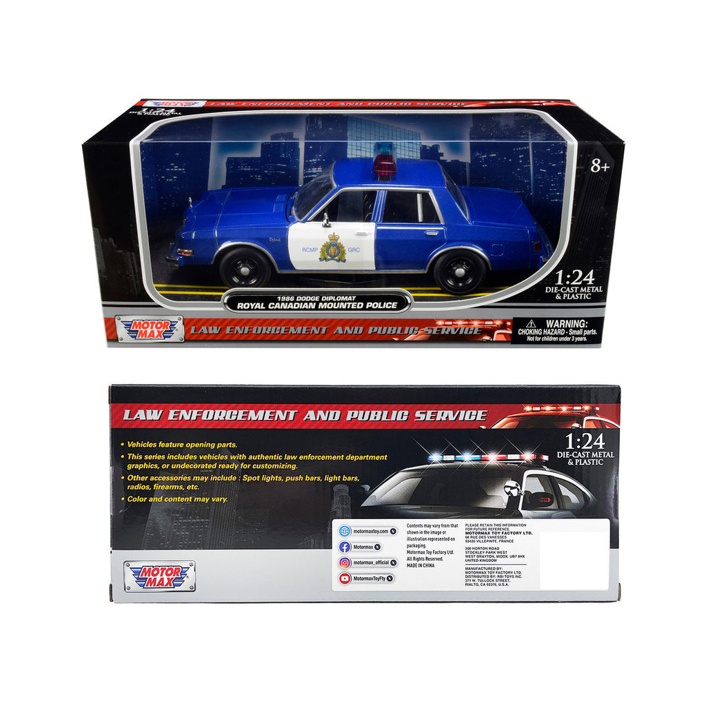 1986 Dodge Diplomat "Royal Canadian Mounted Police" Metallic Blue and White 1/24 Diecast Model Car by Motormax-2