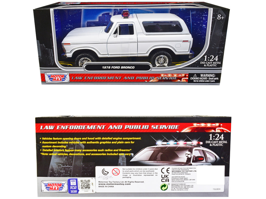 1978 Ford Bronco Police Car Unmarked White "Law Enforcement and Public Service" Series 1/24 Diecast Model Car by Motormax-2